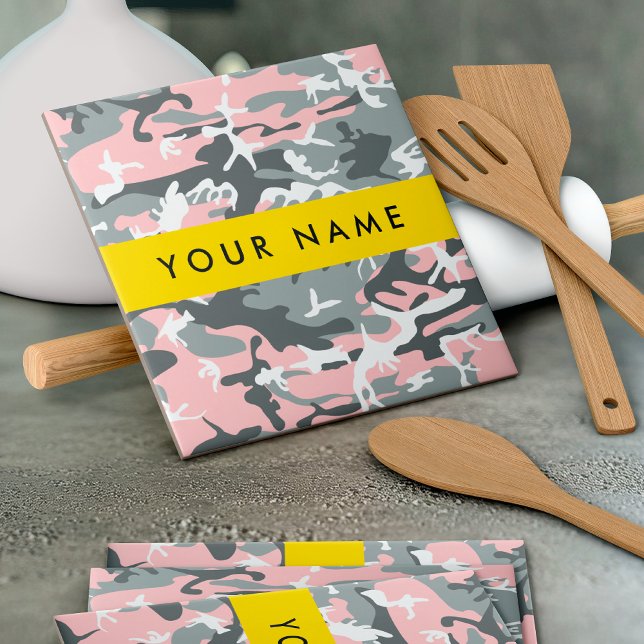 Pink and Grey Camouflage Your name Personalise Ceramic Tile (Creator Uploaded)