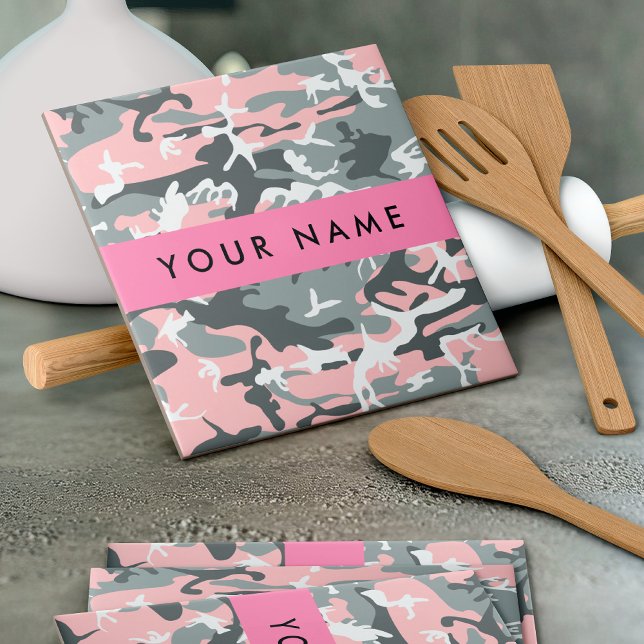 Pink and Grey Camouflage Your name Personalise Ceramic Tile (Creator Uploaded)