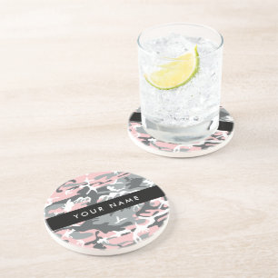 Pink and Grey Camouflage Your name Personalise Coaster