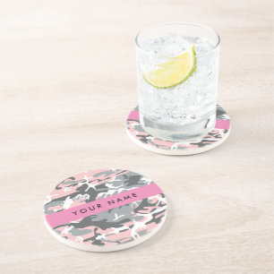 Pink and Grey Camouflage Your name Personalise Coaster