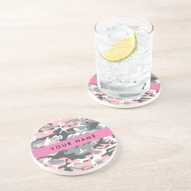 Pink and Grey Camouflage Your name Personalise Coaster (Side)