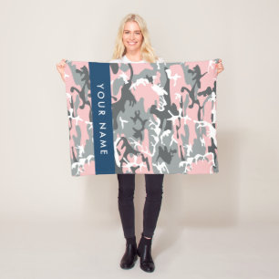 Pink and Grey Camouflage Your name Personalise Fleece Blanket