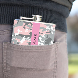 Pink and Grey Camouflage Your name Personalise Hip Flask