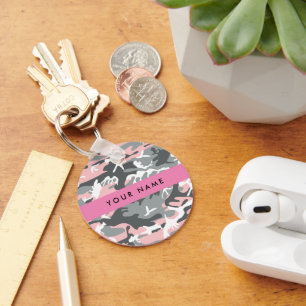 Pink and Grey Camouflage Your name Personalise Key Ring