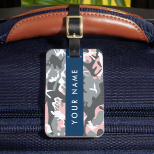 Pink and Grey Camouflage Your name Personalise Luggage Tag
