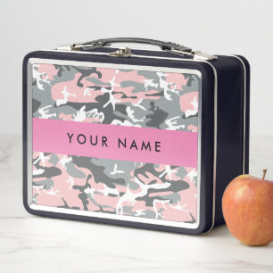 Pink and Grey Camouflage Your name Personalise Metal Lunch Box