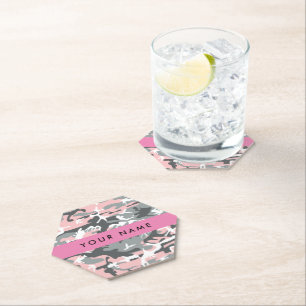 Pink and Grey Camouflage Your name Personalise Paper Coaster