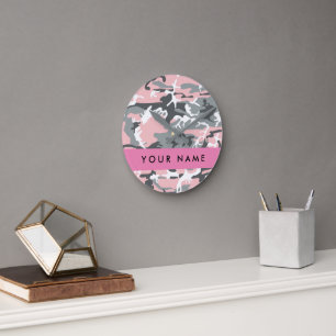 Pink and Grey Camouflage Your name Personalise Round Clock