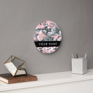 Pink and Grey Camouflage Your name Personalise Round Clock