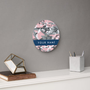 Pink and Grey Camouflage Your name Personalise Round Clock