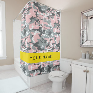 Pink and Grey Camouflage Your name Personalise Shower Curtain