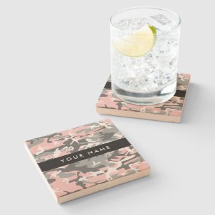 Pink and Grey Camouflage Your name Personalise Stone Coaster