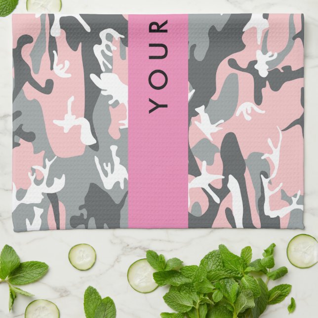 Pink and Grey Camouflage Your name Personalise Tea Towel (Folded)