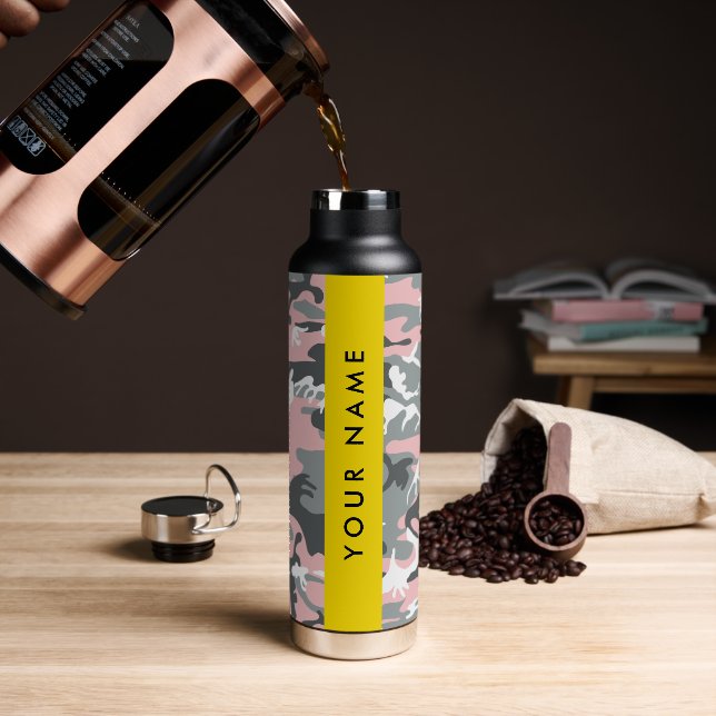 Pink and Grey Camouflage Your name Personalise Water Bottle (Coffee)