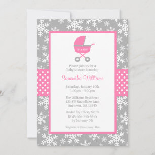 Pink and Grey Carriage Snowflakes Baby Shower Invitation