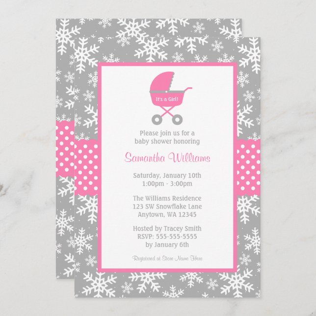 Pink and Grey Carriage Snowflakes Baby Shower Invitation (Front/Back)