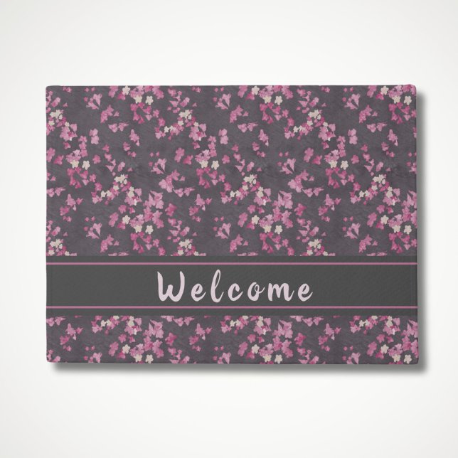 Pink and Grey Cherry Blossom Welcome Doormat (Pink and Dark Gray Cherry Blossoms Welcome Mat for front door)