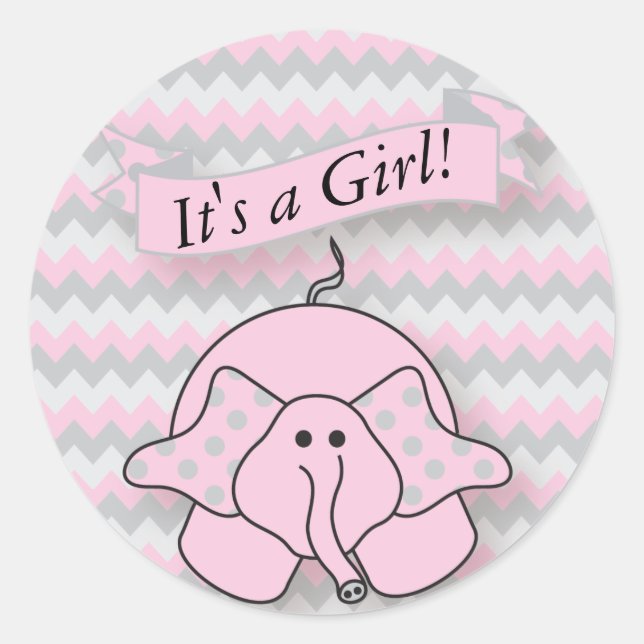 Pink and Grey Chevron Baby Elephant Classic Round Sticker (Front)