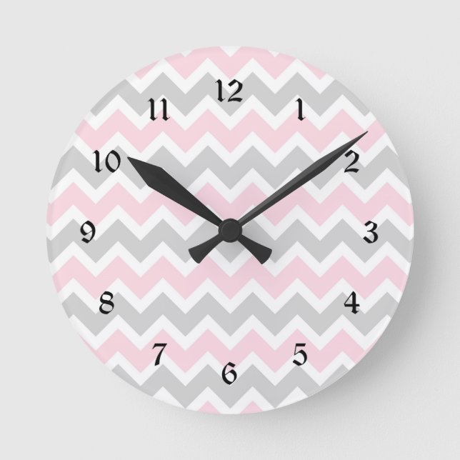 Pink and grey chevron baby girl nursery clock (Front)