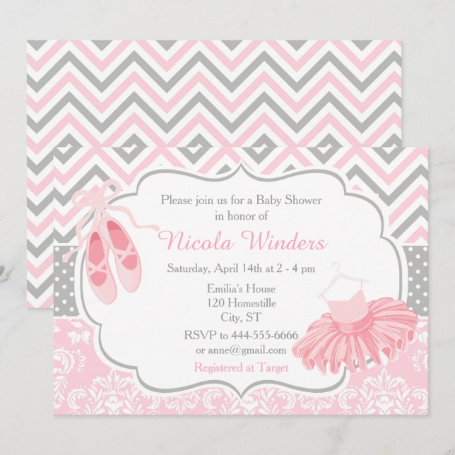 Pink and Grey Chevron Ballerina Baby Shower Invitation (Front/Back)
