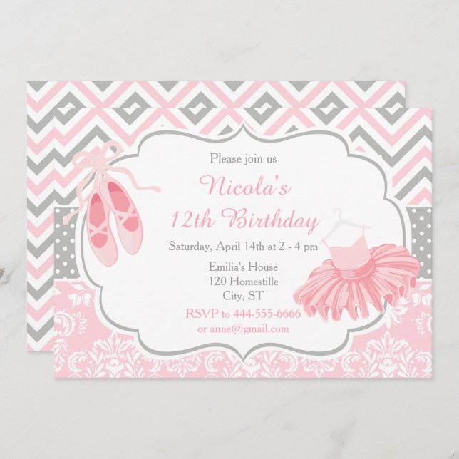 Pink and Grey Chevron Ballerina Birthday Invitation (Front/Back)