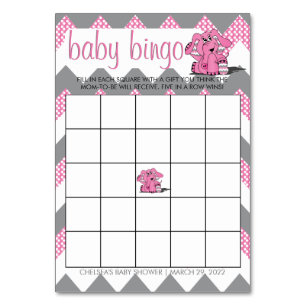 Pink and Grey Chevron Elephant Baby Shower Bingo Table Number