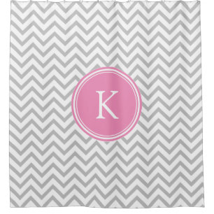 Pink and Grey Chevron Stripes Monogrammed Shower Curtain