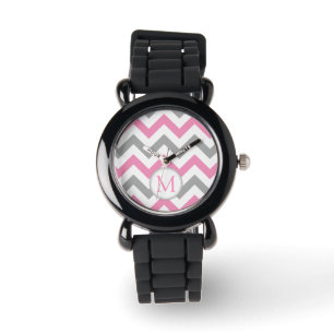 Pink and Grey Chevron with Monogram Watch