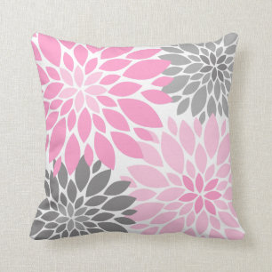 Pink and Grey Chrysanthemums Floral Pattern Cushion