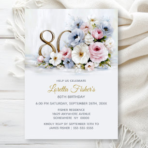Pink and Grey Country Floral 80th Birthday Party Invitation