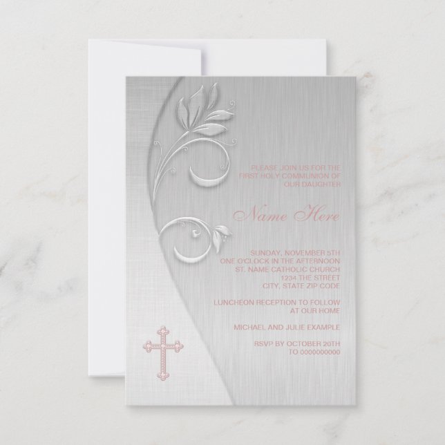 Pink and Grey Cross First Communion Invitation (Front)