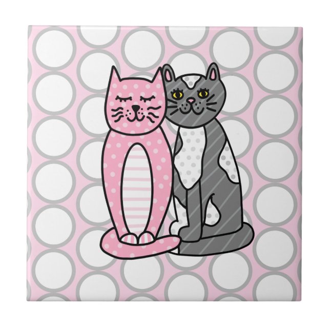 Pink and Grey Cuddly Cute Kitty Cats    Ceramic Tile (Front)