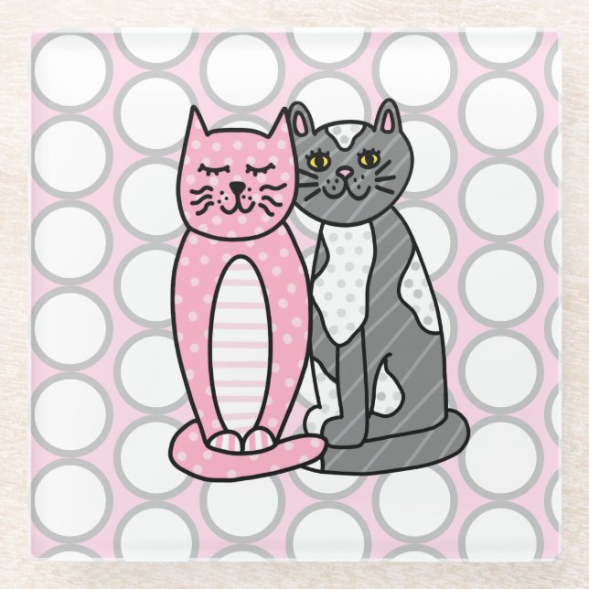 Pink and Grey Cuddly Cute Kitty Cats  Glass Coaster (Front)