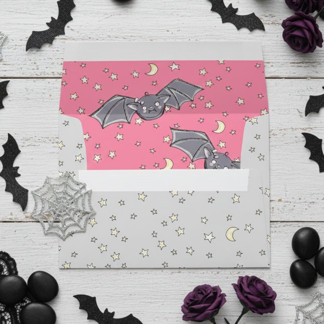 Pink and Grey Cute Girly Bats in Starry Night Envelope (Cute Spooky Bats, Stars & Moons Halloween Envelopes in Hot Pink for Kids. Girly Bat Pattern for Her.)