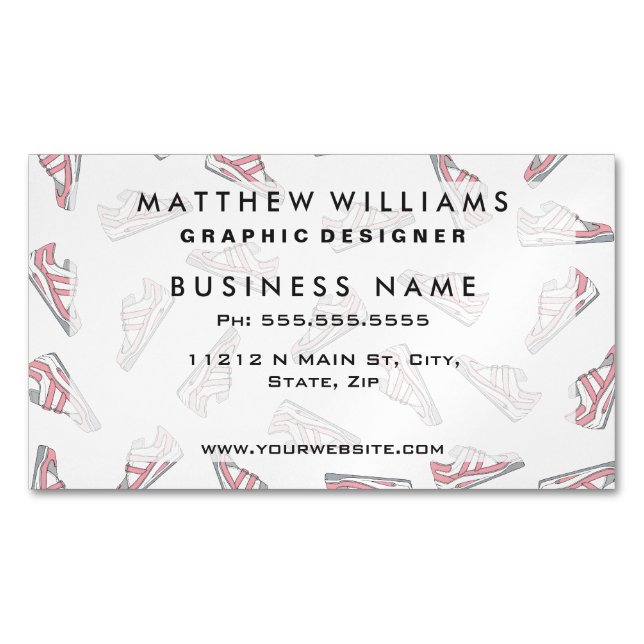 Pink and Grey Cute Sneakers Pattern Magnetic Business Card (Front)