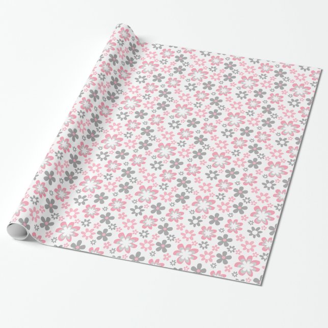 Pink and Grey Daisies Floral Craft Gift Wrap (Unrolled)