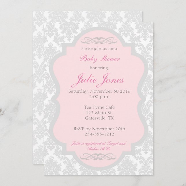 Pink and Grey Damask Baby Shower Invitation (Front/Back)