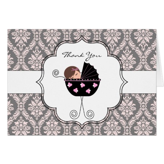 Pink and Grey Damask Baby Thank You Cards