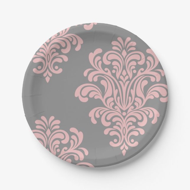 Pink and Grey Damask Pattern Paper Plate (Front)