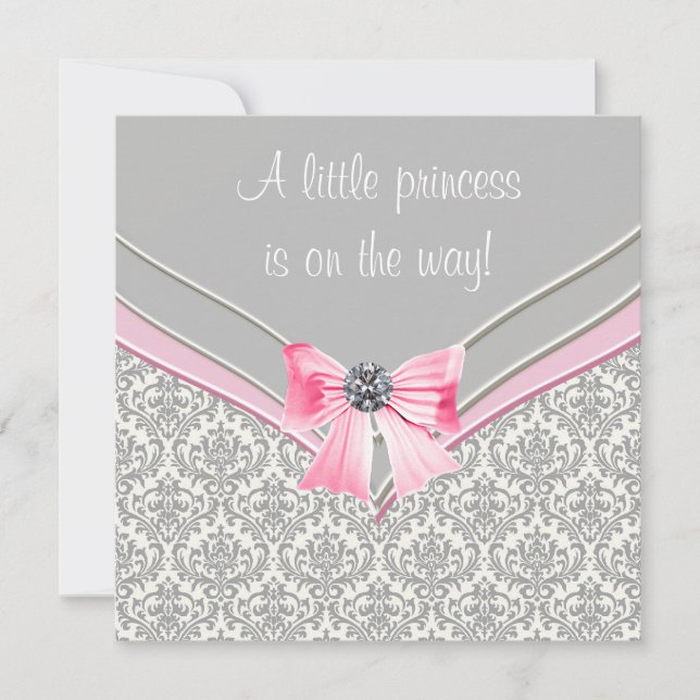 Pink and Grey Damask Pink Bow Princess Baby Shower Invitation (Front)