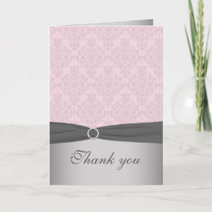 Pink and Grey Damask Thank You Card