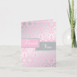 Pink and Grey Damask Thank You Card
