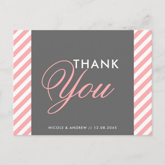Pink and Grey Diagonal Stripes Thank You Post Card (Front)