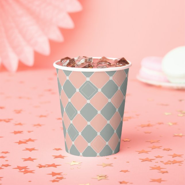 Pink and Grey Diamond Check Pattern Paper Cups (Insitu)