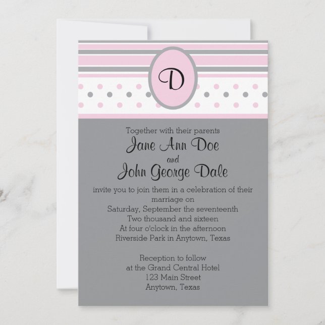 Pink and Grey Dots and Stripes Invitation (Front)