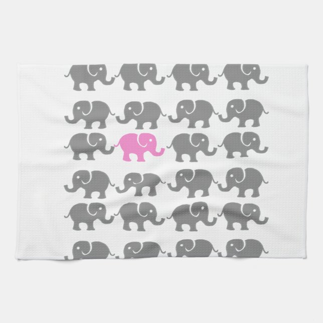 Pink and Grey Elephant Art Tea Towel (Horizontal)
