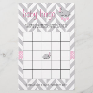 Pink and Grey Elephant Baby Shower Bingo Stationery