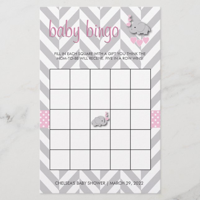 Pink and Grey Elephant Baby Shower Bingo Stationery (Front)