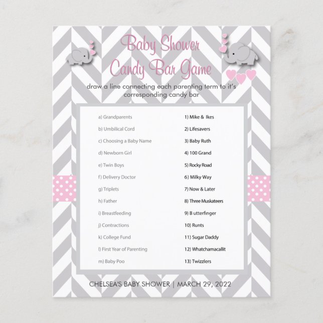 Pink and Grey Elephant Baby Shower Game (Front)