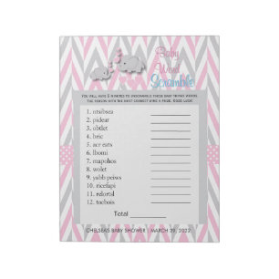 Pink and Grey Elephant Baby Shower Game 2 Notepad